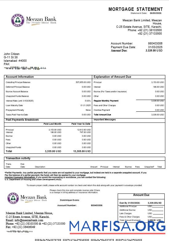 Downloadable Pakistan Meezan mortgage statement in Word and PDF formats download for verification